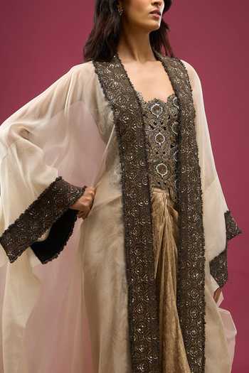 Anamika Khanna_Gold Sweetheart Neck Embroidered Cape Draped Skirt Set _at_Aza_Fashions
