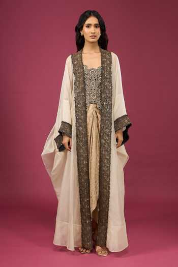 Shop_Anamika Khanna_Gold Sweetheart Neck Embroidered Cape Draped Skirt Set 
