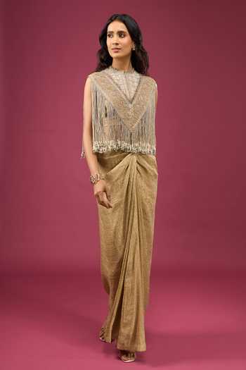 Buy Anamika Khanna Gold Mandarin Collar, High Neck Fringed Cape And Draped Skirt Set Online at Aza Fashions Buy_Anamika Khanna_Gold Mandarin Collar, High Neck Fringed Cape And Draped Skirt Set _Online_at_Aza_Fashions