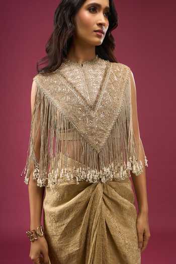 Shop Anamika Khanna Gold Mandarin Collar, High Neck Fringed Cape And Draped Skirt Set Online at Aza Fashions Shop_Anamika Khanna_Gold Mandarin Collar, High Neck Fringed Cape And Draped Skirt Set _Online_at_Aza_Fashions