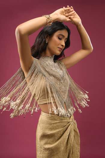 Anamika Khanna Gold Mandarin Collar, High Neck Fringed Cape And Draped Skirt Set at Aza Fashions Anamika Khanna_Gold Mandarin Collar, High Neck Fringed Cape And Draped Skirt Set _at_Aza_Fashions