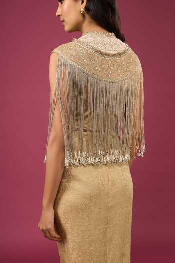 Buy Anamika Khanna Gold Mandarin Collar, High Neck Fringed Cape And Draped Skirt Set Buy_Anamika Khanna_Gold Mandarin Collar, High Neck Fringed Cape And Draped Skirt Set