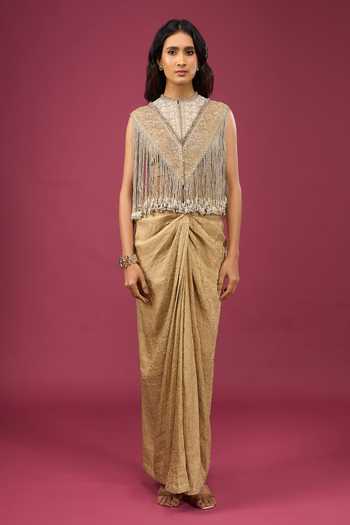 Shop Anamika Khanna Gold Mandarin Collar, High Neck Fringed Cape And Draped Skirt Set Shop_Anamika Khanna_Gold Mandarin Collar, High Neck Fringed Cape And Draped Skirt Set