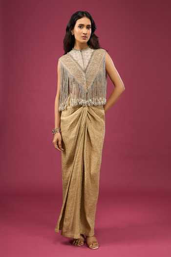Anamika Khanna Fringed Cape & Draped Skirt Set 