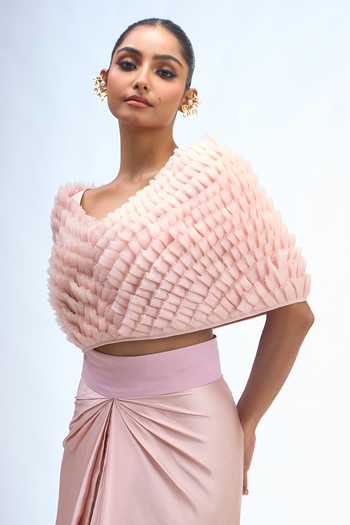 Shop Anamika Khanna Pink V-neck Textured Cape And Draped Skirt Set Online at Aza Fashions Shop_Anamika Khanna_Pink V-neck Textured Cape And Draped Skirt Set _Online_at_Aza_Fashions