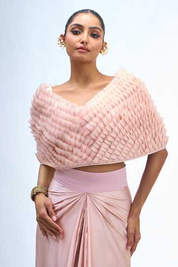 Buy Anamika Khanna Pink V-neck Textured Cape And Draped Skirt Set Buy_Anamika Khanna_Pink V-neck Textured Cape And Draped Skirt Set