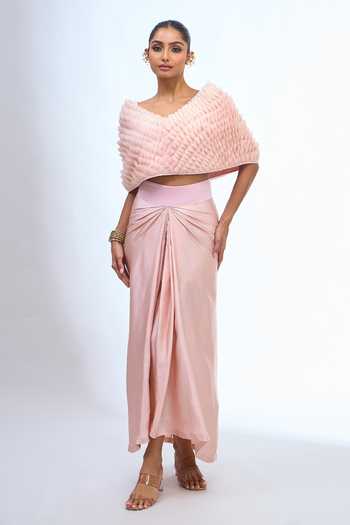 Shop Anamika Khanna Pink V-neck Textured Cape And Draped Skirt Set Shop_Anamika Khanna_Pink V-neck Textured Cape And Draped Skirt Set