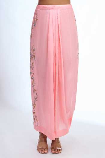 Shop Anamika Khanna Pink Split V-neck Embroidered Top And Draped Skirt Set Online at Aza Fashions Shop_Anamika Khanna_Pink Split V-neck Embroidered Top And Draped Skirt Set _Online_at_Aza_Fashions