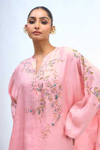 Anamika Khanna Pink Split V-neck Embroidered Top And Draped Skirt Set at Aza Fashions Anamika Khanna_Pink Split V-neck Embroidered Top And Draped Skirt Set _at_Aza_Fashions