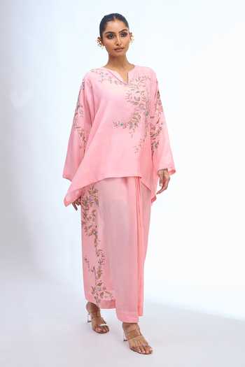 Buy Anamika Khanna Pink Split V-neck Embroidered Top And Draped Skirt Set Buy_Anamika Khanna_Pink Split V-neck Embroidered Top And Draped Skirt Set