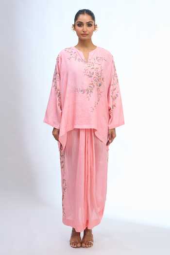 Shop Anamika Khanna Pink Split V-neck Embroidered Top And Draped Skirt Set Shop_Anamika Khanna_Pink Split V-neck Embroidered Top And Draped Skirt Set