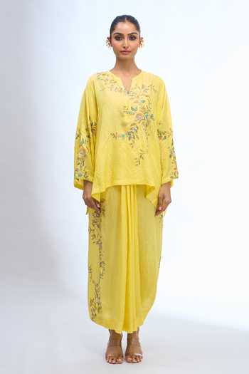 Buy Anamika Khanna Yellow V-neck Embroidered Top And Draped Skirt Set Buy_Anamika Khanna_Yellow V-neck Embroidered Top And Draped Skirt Set