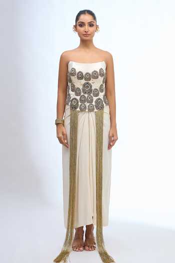 Shop Anamika Khanna Ivory Embroidery, Sequins, Beads, Stones Fringed Tassel Corset And Skirt Set Online at Aza Fashions Shop_Anamika Khanna_Ivory Embroidery, Sequins, Beads, Stones Fringed Tassel Corset And Skirt Set _Online_at_Aza_Fashions