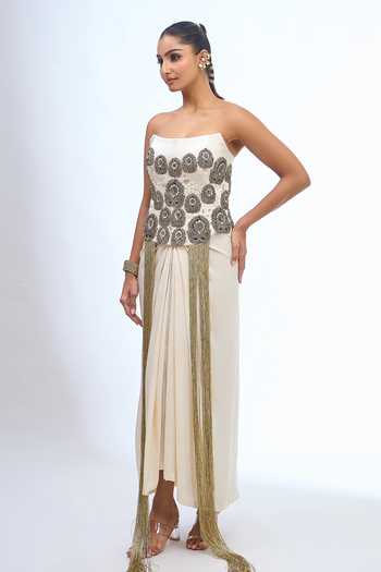 Anamika Khanna Ivory Embroidery, Sequins, Beads, Stones Fringed Tassel Corset And Skirt Set at Aza Fashions Anamika Khanna_Ivory Embroidery, Sequins, Beads, Stones Fringed Tassel Corset And Skirt Set _at_Aza_Fashions