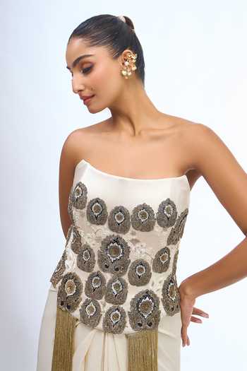 Buy Anamika Khanna Ivory Embroidery, Sequins, Beads, Stones Fringed Tassel Corset And Skirt Set Buy_Anamika Khanna_Ivory Embroidery, Sequins, Beads, Stones Fringed Tassel Corset And Skirt Set