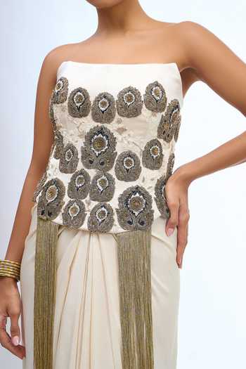 Shop Anamika Khanna Ivory Embroidery, Sequins, Beads, Stones Fringed Tassel Corset And Skirt Set Shop_Anamika Khanna_Ivory Embroidery, Sequins, Beads, Stones Fringed Tassel Corset And Skirt Set