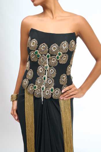 Buy Anamika Khanna Black Beads, Zari, Tassels Bandeau Neck Embroidered Corset And Skirt Set Buy_Anamika Khanna_Black Beads, Zari, Tassels Bandeau Neck Embroidered Corset And Skirt Set