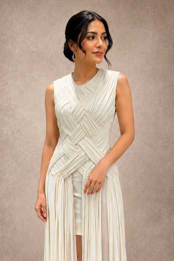Ajiesh Oberoi_White Jersey Round Neck Draped Pleated Maxi Dress _Online_at_Aza_Fashions