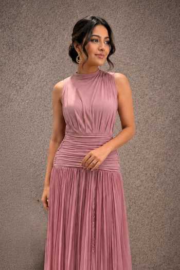 Ajiesh Oberoi_Pink Jersey High Neck Ruched Maxi Dress _Online_at_Aza_Fashions