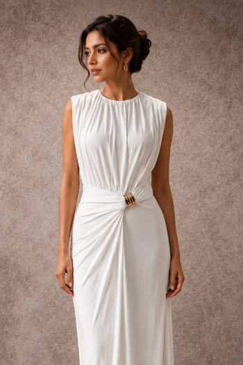 Ajiesh Oberoi_White Jersey Round Neck Asymmetric Gathered Dress _Online_at_Aza_Fashions
