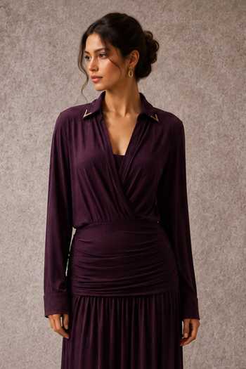 Ajiesh Oberoi_Purple Jersey V-, Collared Ruched Pleated Dress _Online_at_Aza_Fashions