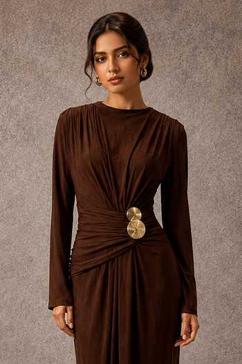 Ajiesh Oberoi Brown Jersey Round Neck Brooch Embellished Dress Online at Aza Fashions Ajiesh Oberoi_Brown Jersey Round Neck Brooch Embellished Dress _Online_at_Aza_Fashions