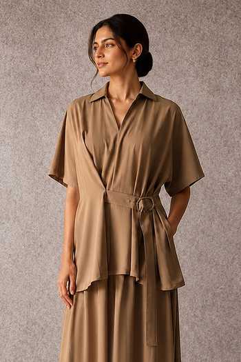 Ajiesh Oberoi Beige Tencel Collared Neck Wrap Shirt And Wide Legged Pant Set Online at Aza Fashions Ajiesh Oberoi_Beige Tencel Collared Neck Wrap Shirt And Wide Legged Pant Set _Online_at_Aza_Fashions