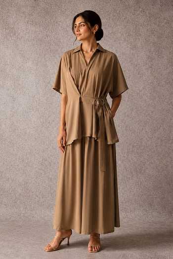 Shop Ajiesh Oberoi Beige Tencel Collared Neck Wrap Shirt And Wide Legged Pant Set Online at Aza Fashions Shop_Ajiesh Oberoi_Beige Tencel Collared Neck Wrap Shirt And Wide Legged Pant Set _Online_at_Aza_Fashions