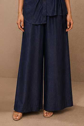 Ajiesh Oberoi_Blue Tencel Collared Neck Wrapped Shirt And Pant Set _Online_at_Aza_Fashions
