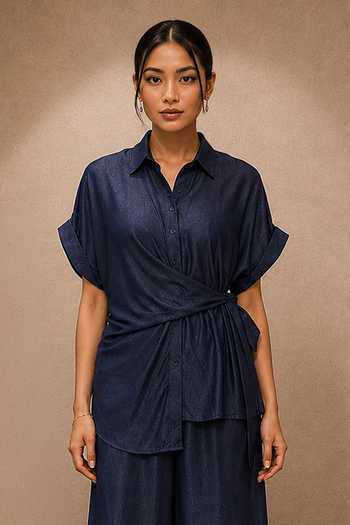 Buy_Ajiesh Oberoi_Blue Tencel Collared Neck Wrapped Shirt And Pant Set _Online_at_Aza_Fashions