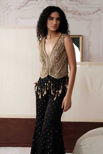 Buy_Basanti Kapde aur Koffee_Gold Crepe, Satin V-neck Liquid And Obsidian Embroidered Jacket With Sharara _Online_at_Aza_Fashions