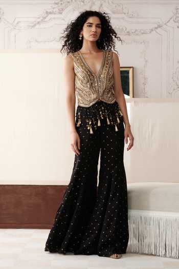 Basanti Kapde aur Koffee_Gold Crepe, Satin V-neck Liquid And Obsidian Embroidered Jacket With Sharara _at_Aza_Fashions