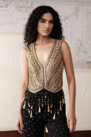 Shop_Basanti Kapde aur Koffee_Gold Crepe, Satin V-neck Liquid And Obsidian Embroidered Jacket With Sharara 