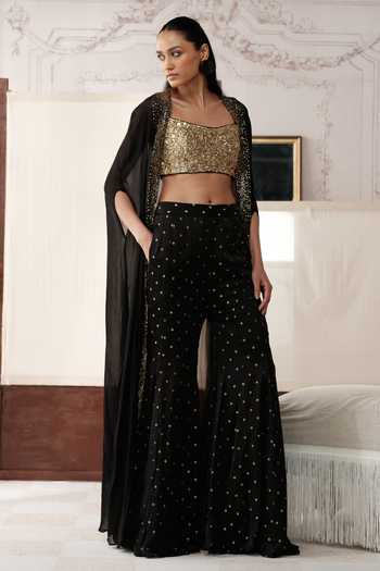 Shop Basanti Kapde aur Koffee Black Organza, Satin, Crepe Square The Stardust And Smoke Embroidered Cape Set Online at Aza Fashions Shop_Basanti Kapde aur Koffee_Black Organza, Satin, Crepe Square The Stardust And Smoke Embroidered Cape Set _Online_at_Aza_Fashions