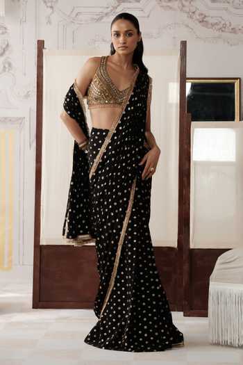 Shop Basanti Kapde aur Koffee Black Chinon V-neck The Royal Obsidian Pre-draped Saree With Embroidered Blouse Online at Aza Fashions Shop_Basanti Kapde aur Koffee_Black Chinon V-neck The Royal Obsidian Pre-draped Saree With Embroidered Blouse _Online_at_Aza_Fashions