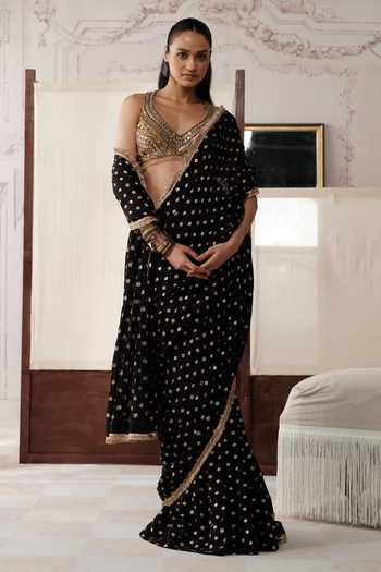 Buy Basanti Kapde aur Koffee Black Chinon V-neck The Royal Obsidian Pre-draped Saree With Embroidered Blouse Buy_Basanti Kapde aur Koffee_Black Chinon V-neck The Royal Obsidian Pre-draped Saree With Embroidered Blouse