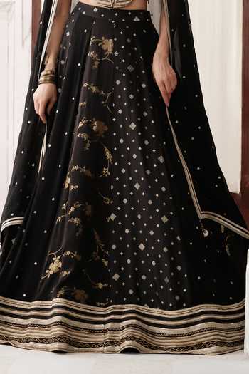 Shop_Basanti Kapde aur Koffee_Black Silk, Georgette Sweetheart Neck Midnight Alchemy Floral Motif Lehenga Set _Online_at_Aza_Fashions