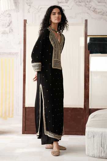 Buy Basanti Kapde aur Koffee Black Viscose Georgette Sequins, Beads, Reyna Embroidered Kurta And Palazzo Set Online at Aza Fashions Buy_Basanti Kapde aur Koffee_Black Viscose Georgette Sequins, Beads, Reyna Embroidered Kurta And Palazzo Set _Online_at_Aza_Fashions