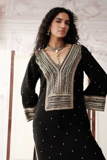 Shop Basanti Kapde aur Koffee Black Viscose Georgette Sequins, Beads, Reyna Embroidered Kurta And Palazzo Set Online at Aza Fashions Shop_Basanti Kapde aur Koffee_Black Viscose Georgette Sequins, Beads, Reyna Embroidered Kurta And Palazzo Set _Online_at_Aza_Fashions