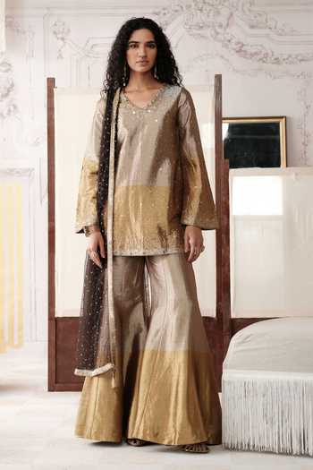Buy Basanti Kapde aur Koffee Gold Tissue V-neck The Champagne Dusk Embroidered Kurta Sharara Set Buy_Basanti Kapde aur Koffee_Gold Tissue V-neck The Champagne Dusk Embroidered Kurta Sharara Set