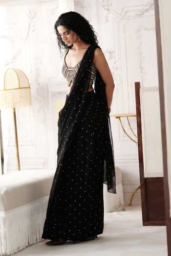 Buy Basanti Kapde aur Koffee Black Viscose Georgette, Silk The Midnight Horizon Draped Saree With Blouse Online at Aza Fashions Buy_Basanti Kapde aur Koffee_Black Viscose Georgette, Silk The Midnight Horizon Draped Saree With Blouse _Online_at_Aza_Fashions