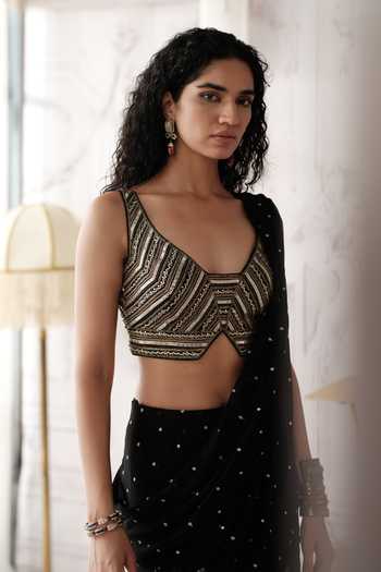 Shop Basanti Kapde aur Koffee Black Viscose Georgette, Silk The Midnight Horizon Draped Saree With Blouse Online at Aza Fashions Shop_Basanti Kapde aur Koffee_Black Viscose Georgette, Silk The Midnight Horizon Draped Saree With Blouse _Online_at_Aza_Fashions