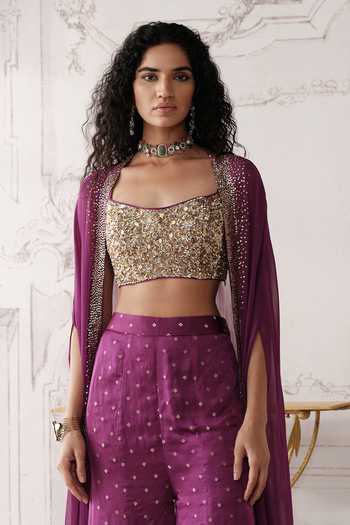Buy Basanti Kapde aur Koffee Purple Organza, Satin, Crepe Square Neck Stardust And Plum Embroidered Cape Set Online at Aza Fashions Buy_Basanti Kapde aur Koffee_Purple Organza, Satin, Crepe Square Neck Stardust And Plum Embroidered Cape Set _Online_at_Aza_Fashions