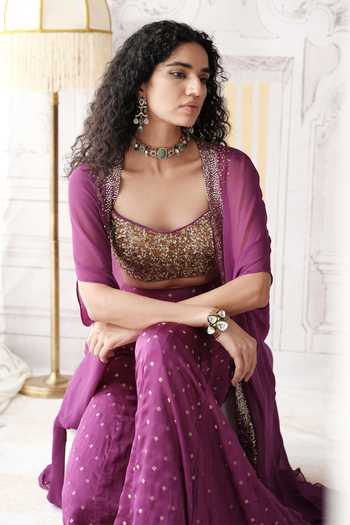 Shop Basanti Kapde aur Koffee Purple Organza, Satin, Crepe Square Neck Stardust And Plum Embroidered Cape Set Online at Aza Fashions Shop_Basanti Kapde aur Koffee_Purple Organza, Satin, Crepe Square Neck Stardust And Plum Embroidered Cape Set _Online_at_Aza_Fashions