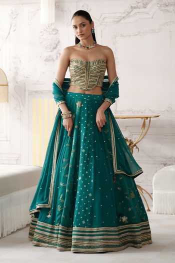 Basanti Kapde aur Koffee Royal Teal Embroidered Lehenga Set