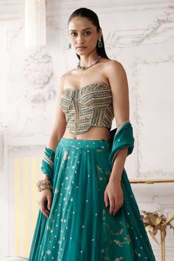 Basanti Kapde aur Koffee Green Silk, Georgette Sweetheart Neck Royal Teal Embroidered Lehenga Set Online at Aza Fashions Basanti Kapde aur Koffee_Green Silk, Georgette Sweetheart Neck Royal Teal Embroidered Lehenga Set _Online_at_Aza_Fashions