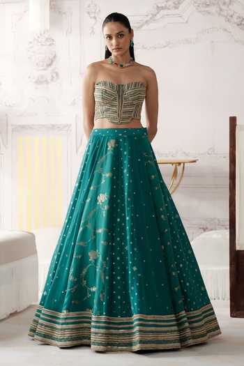 Buy Basanti Kapde aur Koffee Green Silk, Georgette Sweetheart Neck Royal Teal Embroidered Lehenga Set Online at Aza Fashions Buy_Basanti Kapde aur Koffee_Green Silk, Georgette Sweetheart Neck Royal Teal Embroidered Lehenga Set _Online_at_Aza_Fashions