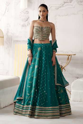 Shop Basanti Kapde aur Koffee Green Silk, Georgette Sweetheart Neck Royal Teal Embroidered Lehenga Set Online at Aza Fashions Shop_Basanti Kapde aur Koffee_Green Silk, Georgette Sweetheart Neck Royal Teal Embroidered Lehenga Set _Online_at_Aza_Fashions