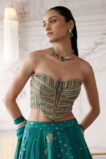 Buy Basanti Kapde aur Koffee Green Silk, Georgette Sweetheart Neck Royal Teal Embroidered Lehenga Set Buy_Basanti Kapde aur Koffee_Green Silk, Georgette Sweetheart Neck Royal Teal Embroidered Lehenga Set