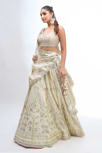 Buy_Gopi Vaid_Gold Leaf Neck Floral Embroidered Lehenga Set _Online_at_Aza_Fashions